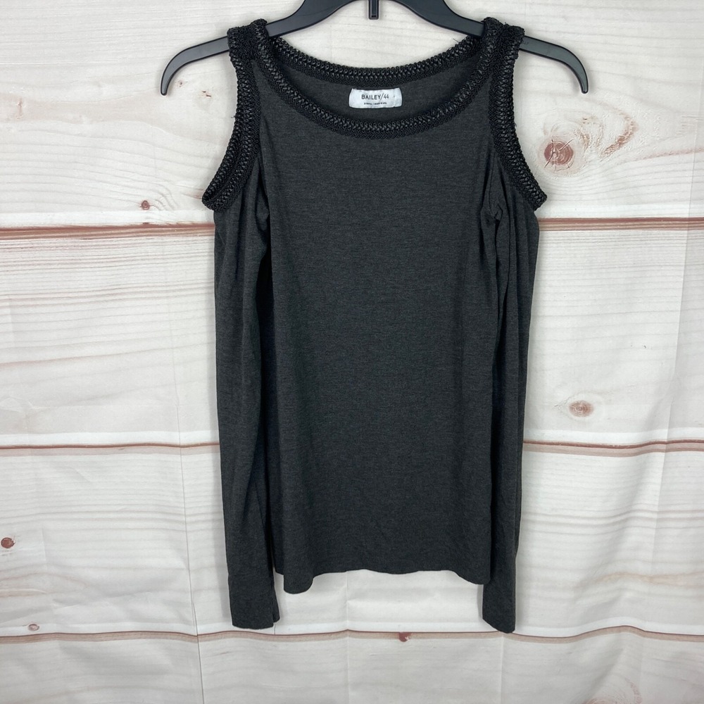 Bailey 44 Top Women XS Gray Cold Shoulder Blouse Braided Neck Long Sleeve Jersey